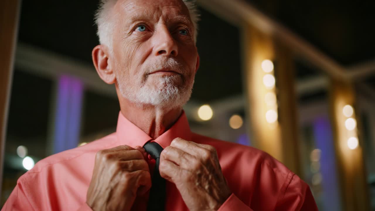 A distinguished older man in a pink shirt elegantly adjusts his black tie, displaying a confident demeanor and poised expression, capturing the essence of timeless style and self-assurance in a refined setting