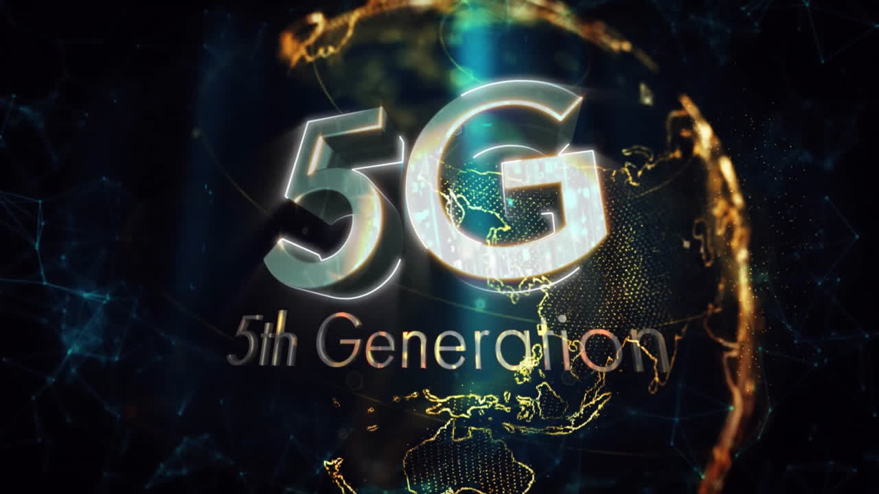 Animation of 5g text over shapes and globe