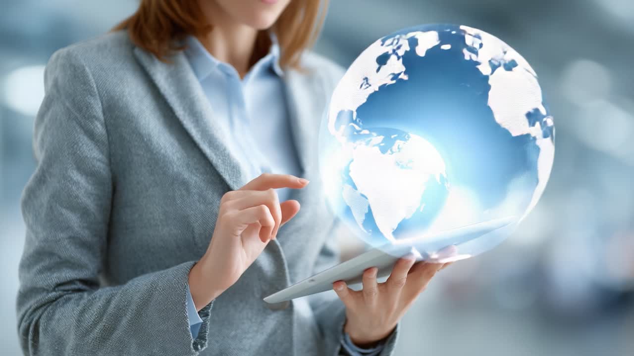 A Business Professional Interacting with a Tablet Displaying a Digital Globe, Symbolizing Global Connectivity and Technology in the Modern World