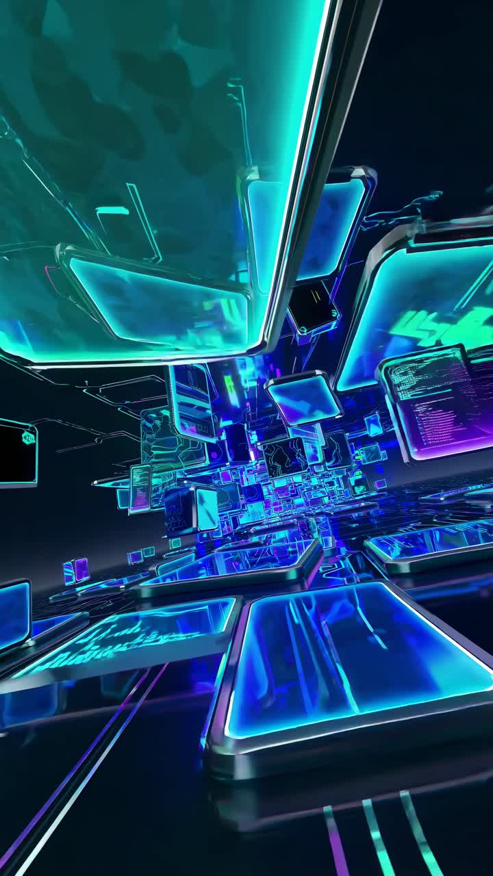 Futuristic digital network with neon blue and purple screens, captured from a dynamic low-angle