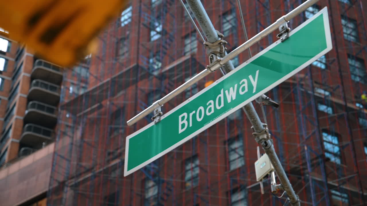 Close-up of Broadway street sign with buildings in the background of New York City