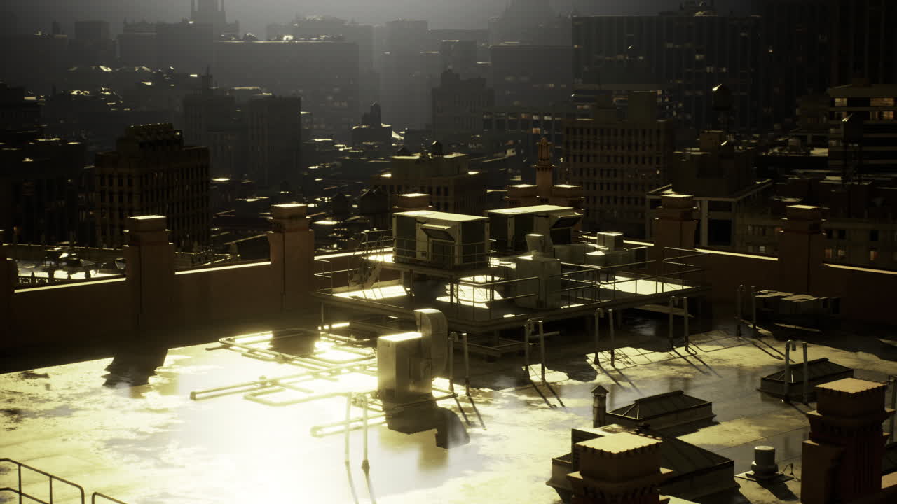 Golden sunlight glimmers on rooftops of a bustling city at dusk
