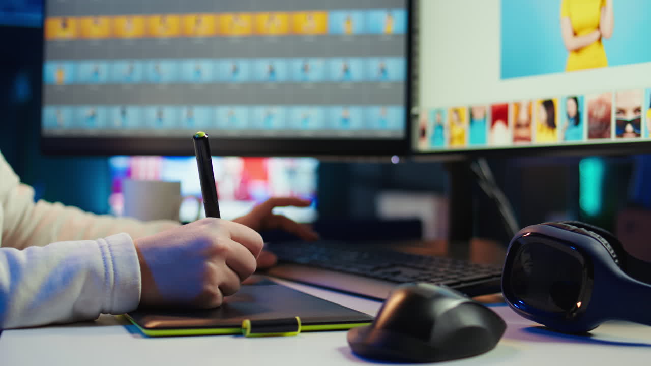 editor de fotos usando tableta gráfica para editar el equilibrio de colores, cerrar