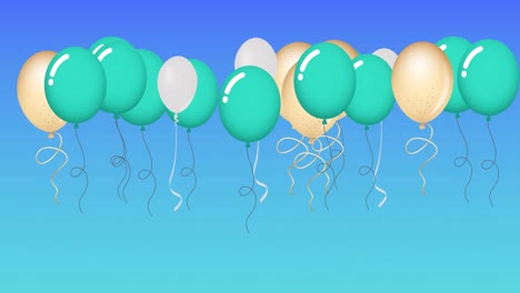 Animation-of-green-and-gold-balloons-bouncing-on-blue-background