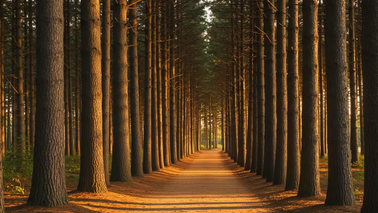 A Serene Pathway Through Towering Pine Trees Bathed in Golden Light, Inviting Exploration and Contemplation in a Tranquil Forest Setting