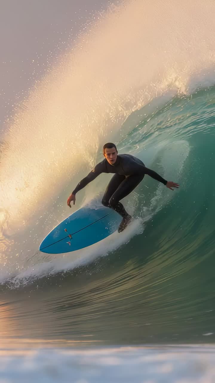 Video verticale: barrel forming, surfista che cavalca l'onda, si sposta su una tavola blu, tuta in neoprene nera