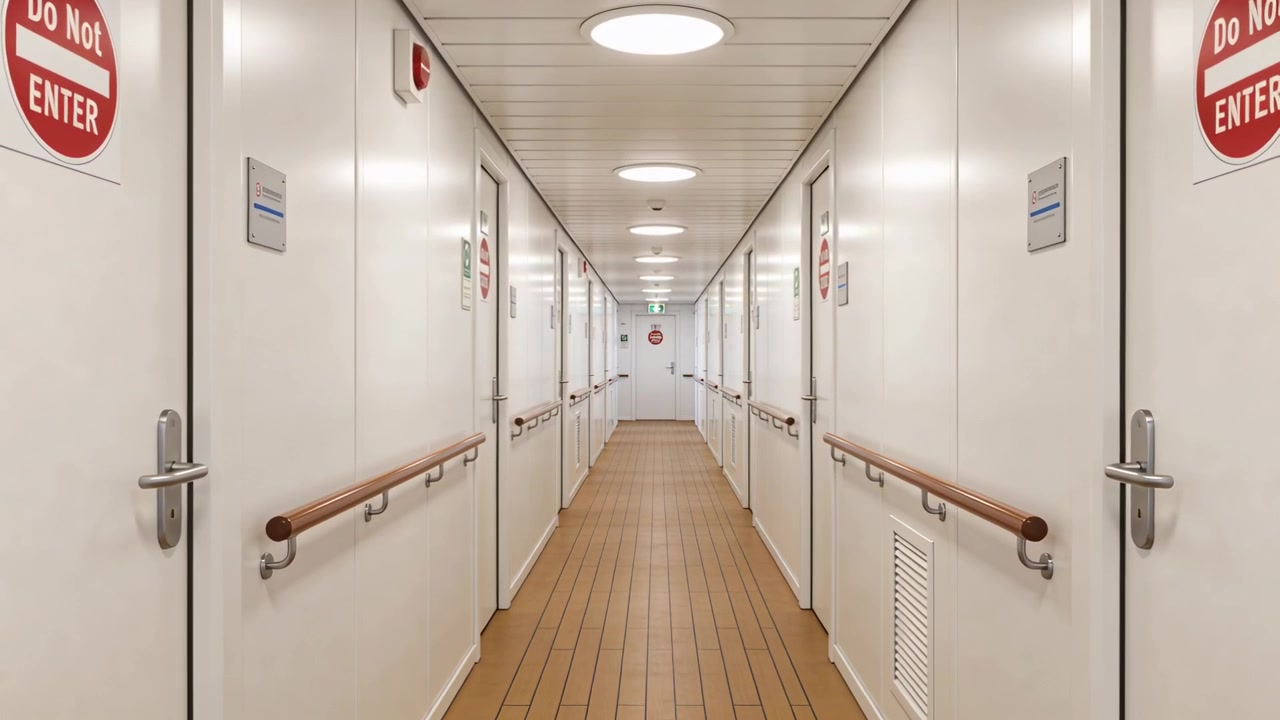 Telecamera scorrevole che avanza lungo il corridoio centrale di una nave rivelando porte, corrimano e cartelli di divieto d'accesso.