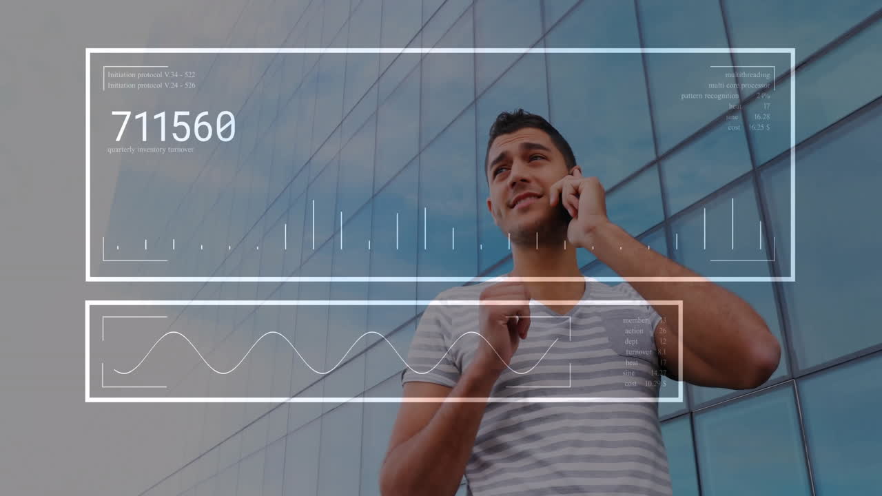 animación del procesamiento de datos sobre un hombre caucásico usando un teléfono inteligente