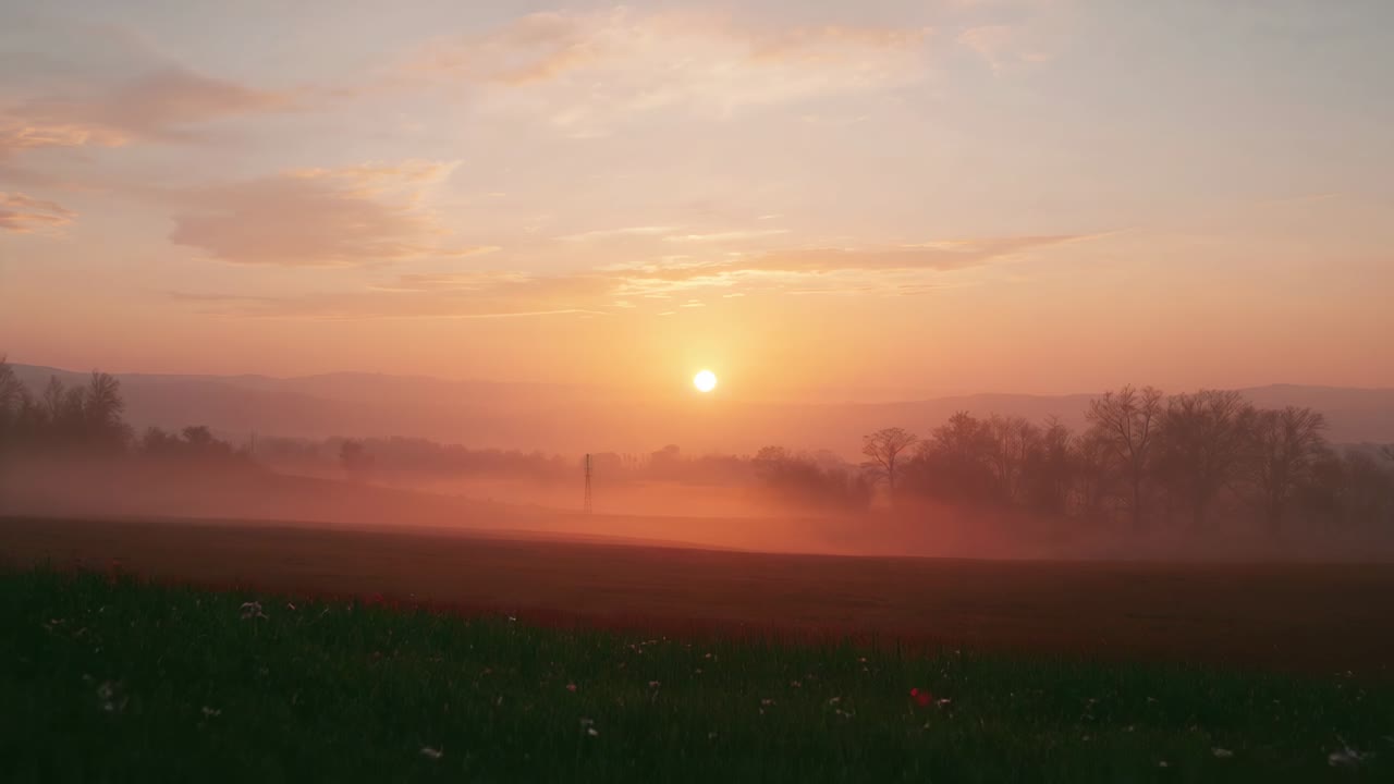 Aufgehende Sonne erhellt nebligen Horizont und beleuchtet ländliche Wiese, offenbart Gras, Blumen, Pfahl