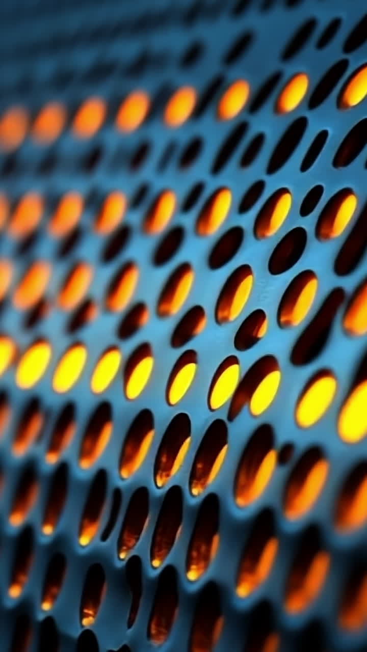 Glowing patterned metal panel. Close-up view of a textured metal panel with circular perforations reflecting warm glowing light in a creative design.