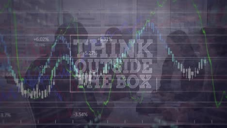 animation of data processing and diverse business people over think outside the box text