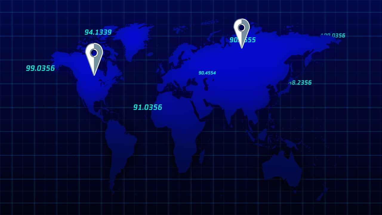 Digital animation of location pin icons and floating numbers against world map on blue background