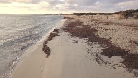 Tiefflugaufnahme-Eines-Wunderschönen-Strandes-Auf-Ibiza-Während-Des-Sonnenuntergangs