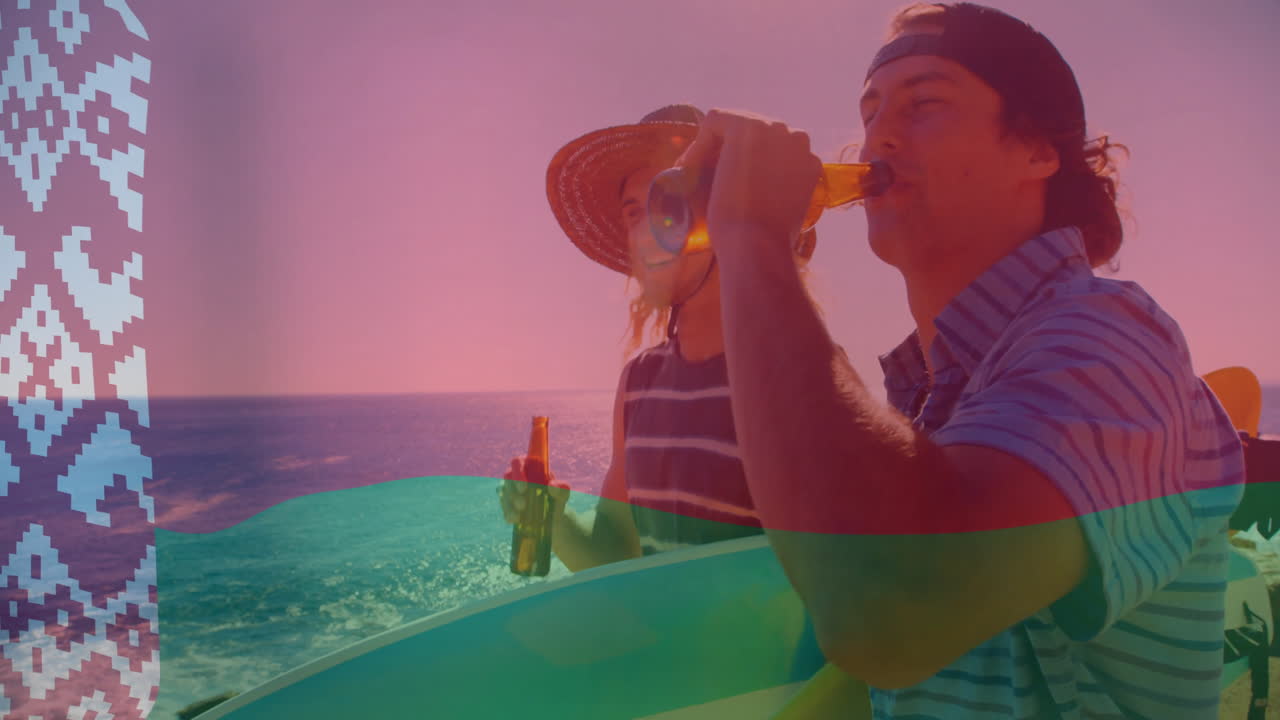 By ocean, two people having drinks with colorful animation patterns overlay