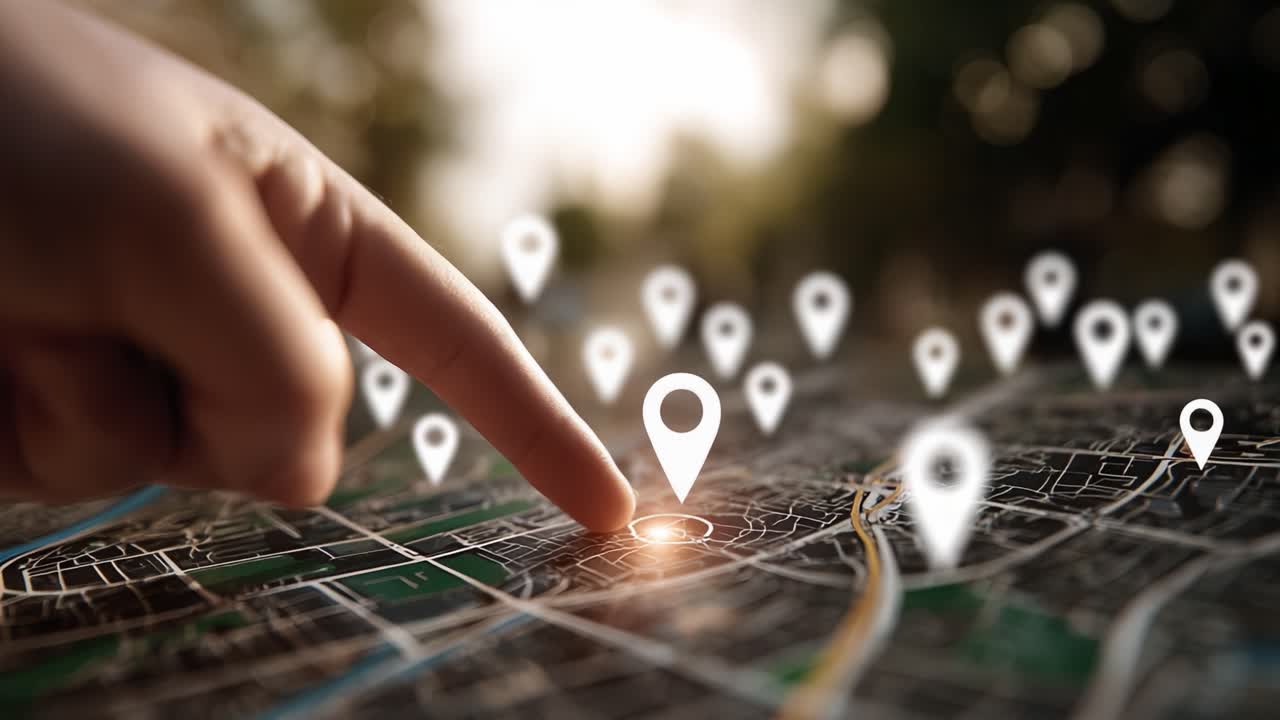 Exploring Digital Navigation: A Close-up of a Finger Pointing at a Location on a Detailed Map Surrounded by Symbolic Markers Indicating Points of Interest
