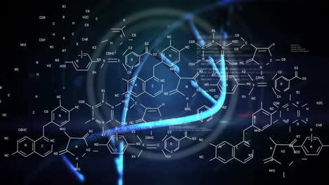 Animation-Von-Molekülstrukturen-Mit-Buchstaben,-Zahlen-über-Einer-DNA-Helix-Und-Harmlosem-Text