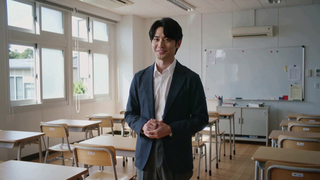 録画が始まり、紺色のブレザーを着た教師がカメラに向かって話し、机のある教室で教えている