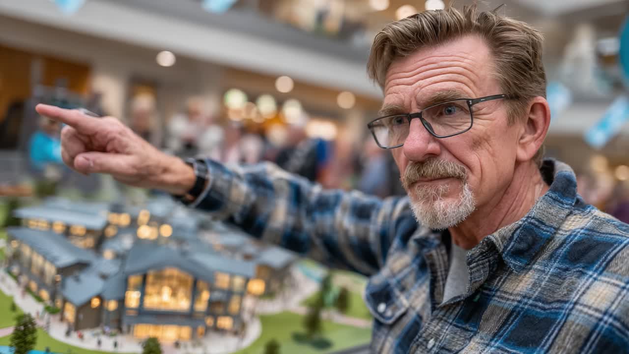 Een gedetailleerde observatie van een miniatuurmodel: een betrokken persoon wijst enthousiast naar een schaalmodel en bespreekt het ingewikkelde ontwerp en de functies ervan in een bruisende omgeving