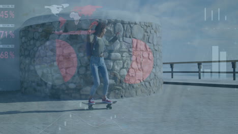 animation of globe and icons over caucasian woman on skateboard