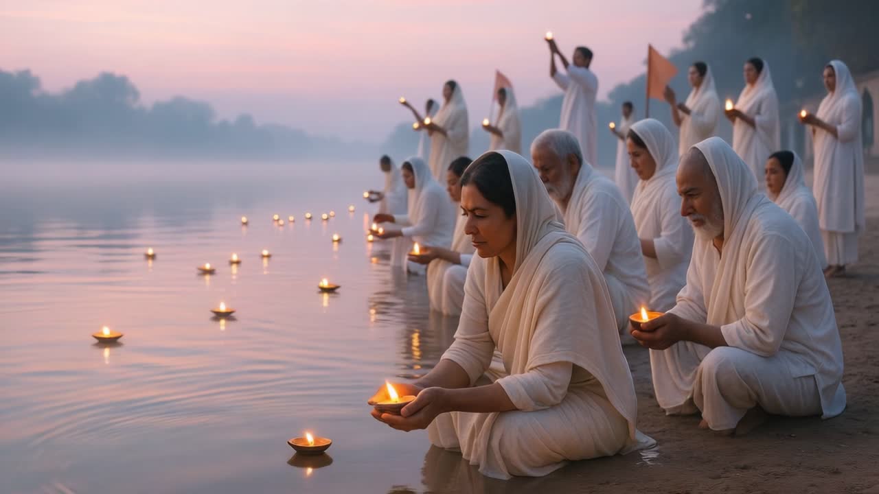 Individuals in white robes are placing candles into the calm river at dawn, creating a peaceful ambiance filled with light and spirituality, showcasing a moment of collective reflection