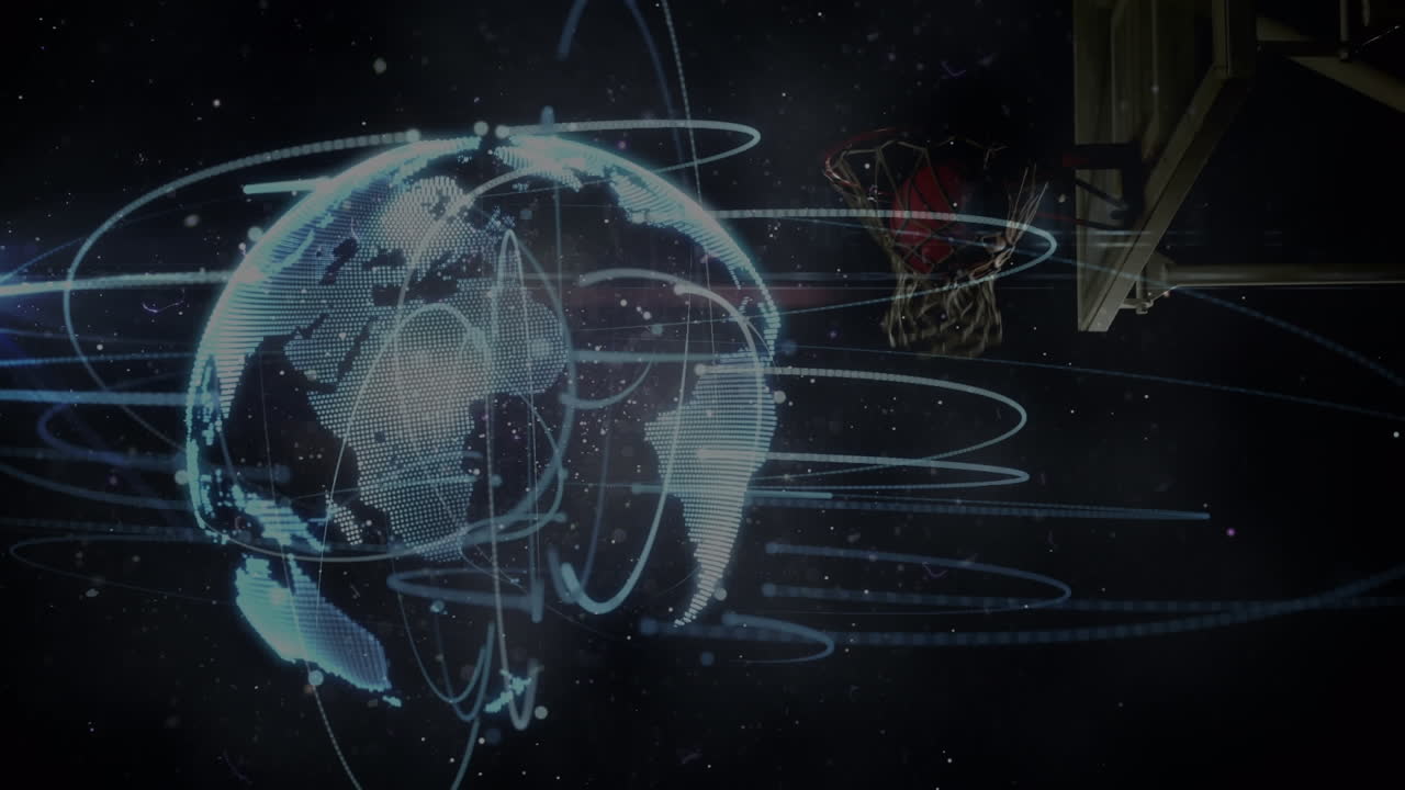 Animation of networks of connections with globe over biracial male basketball player at gym