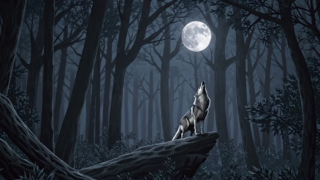 Howling Wolf Under the Full Moon in a Dark Forest