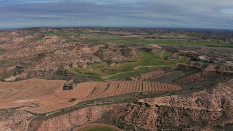 Drone-view-Spain-countryside-mediterranean-landscape-cloudy-day-Teruel-province