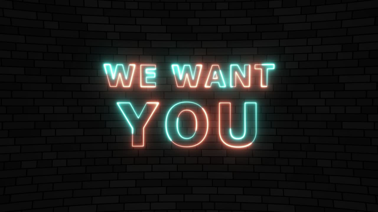 어두운 벽돌 벽 바탕에 '우리는 당신을 원합니다'라는 은 선의 애니메이션 네온 텍스트, 간단한 원활한 루프 애니메이션 텍스트, 4k 타이포그래피 모션 그래픽