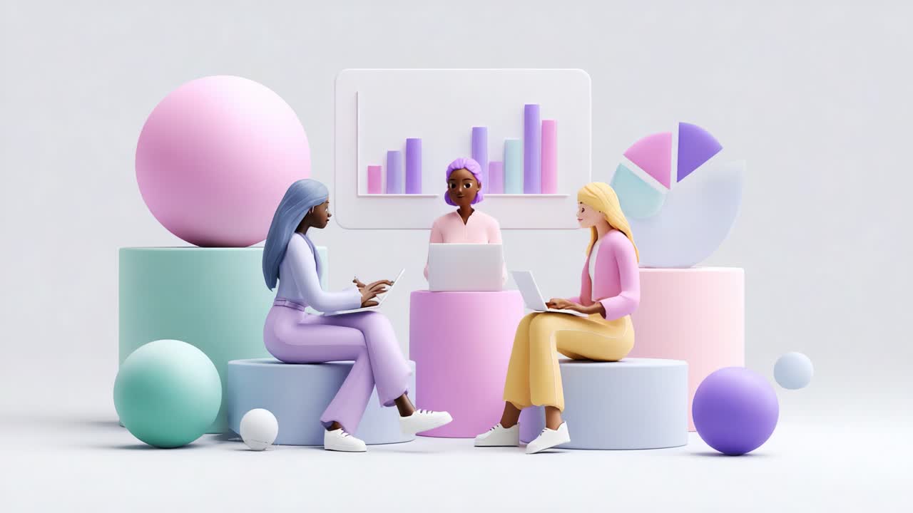 A vibrant and engaging scene showcasing three diverse individuals collaborating around a digital interface, surrounded by geometric shapes and colorful elements representing data analysis and teamwork
