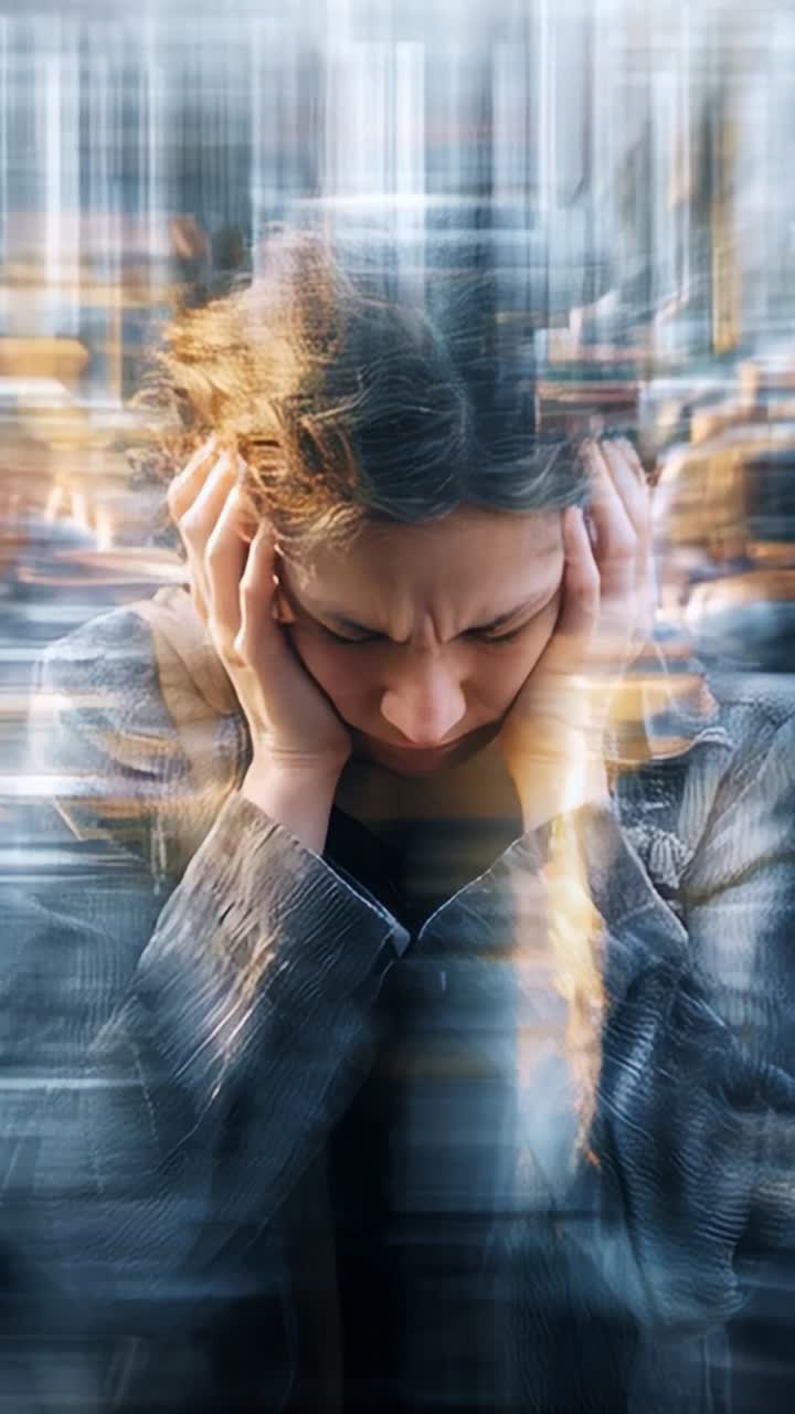 A Young Woman Struggles with Overwhelming Stress and Anxiety in a Chaotic Environment, Representing Emotional Turmoil and Inner Conflict in Modern Life