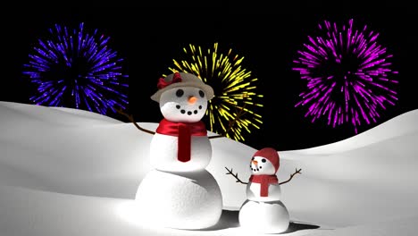 Animation-Von-Bunten-Feuerwerkskörpern,-Die-über-Weihnachtsschneemännern-Auf-Schwarzem-Hintergrund-Explodieren