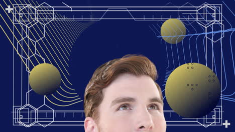 looking at animation of abstract geometric shapes, person studying blue background