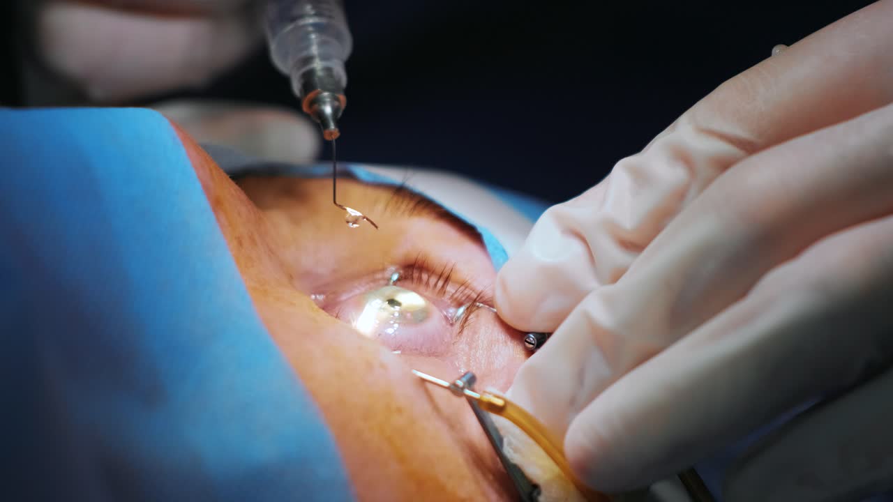 레이저 시력 교정: 안과 수술 중에 수술실에 있는 환자와 수술팀; 눈꺼풀 스럼; 라식 치료; 불임 개 아래의 환자