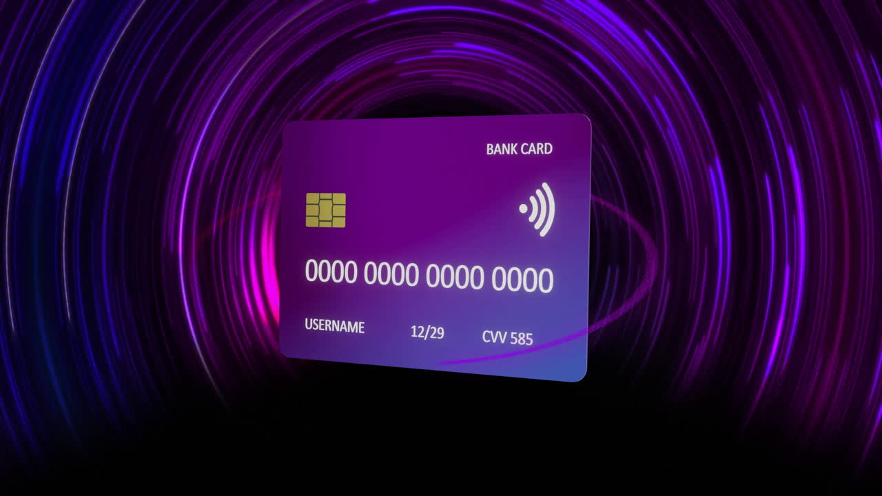 Animation of credit card over colourful circles on black background