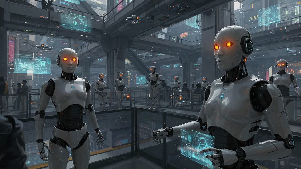 Exploring a Futuristic Robotics Hub: Advanced AI Entities Interact Within a High-Tech Urban Environment Surrounded by Digital Interfaces and Neon Displays