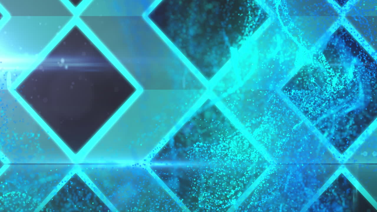 검은색 바탕에 파란색 입자 구름 위에 반이는 파란색 다이아몬드 그리드의 애니메이션