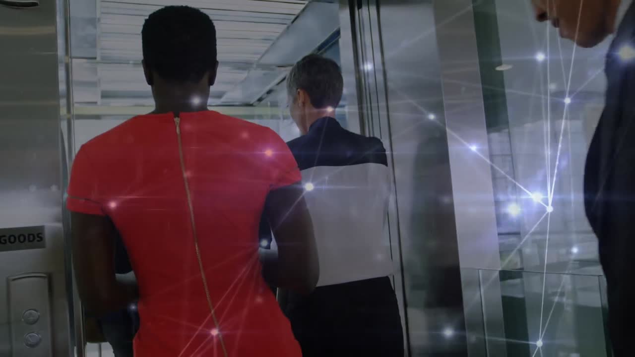 Animation of connections over diverse businesspeople walking into elevator