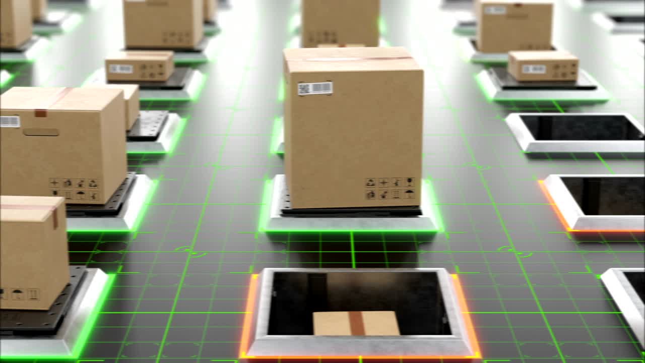 moderno almacén automatizado de alta tecnología con paquetes que se elevan en ascensores y luces de piso digitales sin problemas. hermosa animación en bucle 3d de cajas de cartón. concepto de almacenamiento y entrega.