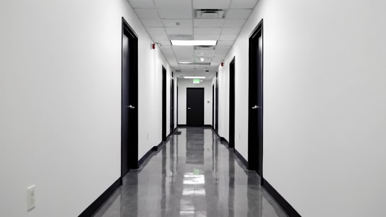 A Modern, Sleek Hallway Featuring Glossy Floors and Black Doors, Highlighting an Inviting Yet Professional Space Within a Contemporary Building
