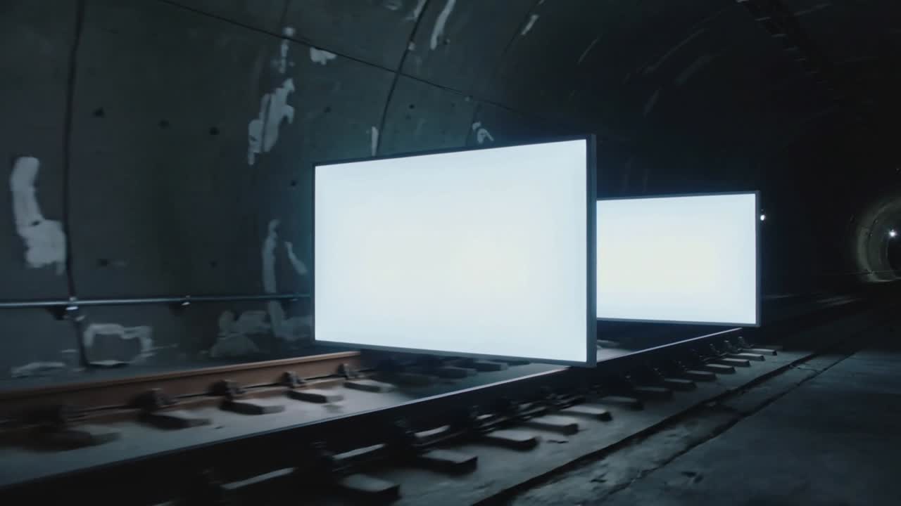 Telecamera in movimento che rivela pannelli illuminati su un pianale ferroviario basso all'interno di un tunnel ad arco, documentando i binari.