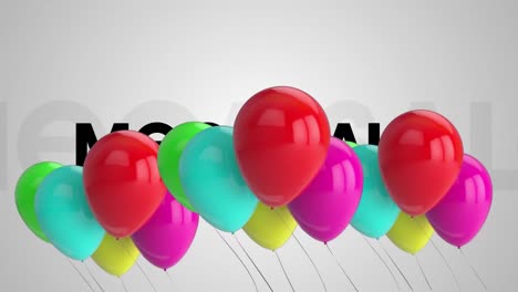 animación de globos coloridos flotando sobre el texto de la mega venta del estandarte contra un fondo gris