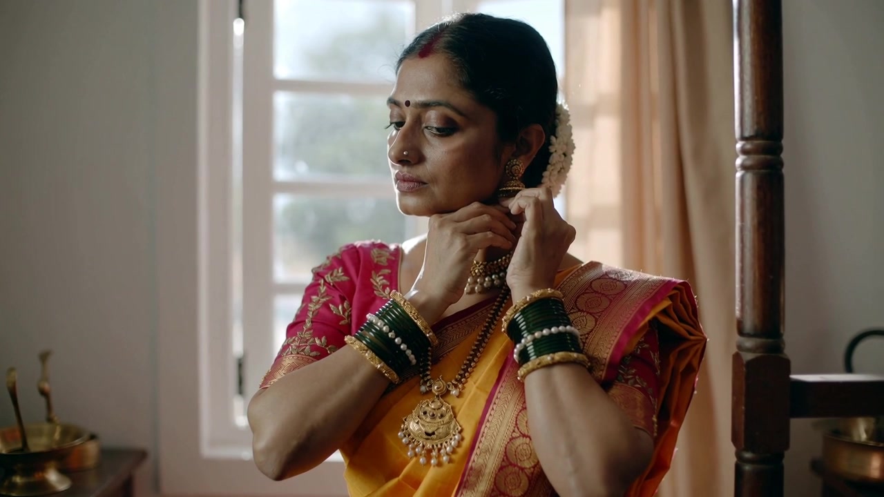 Donna indiana in sari che si sistema orecchini e collana d'oro vicino alla finestra, preparandosi per un rituale.