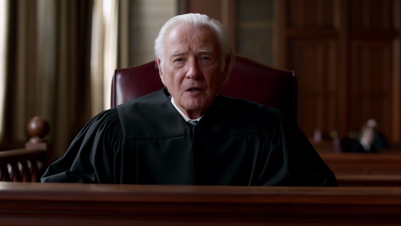 Elderly Judge In Courtroom Bench Delivering Solemn Verdict, Wearing Black Robe And Seated Behind Carved Wooden