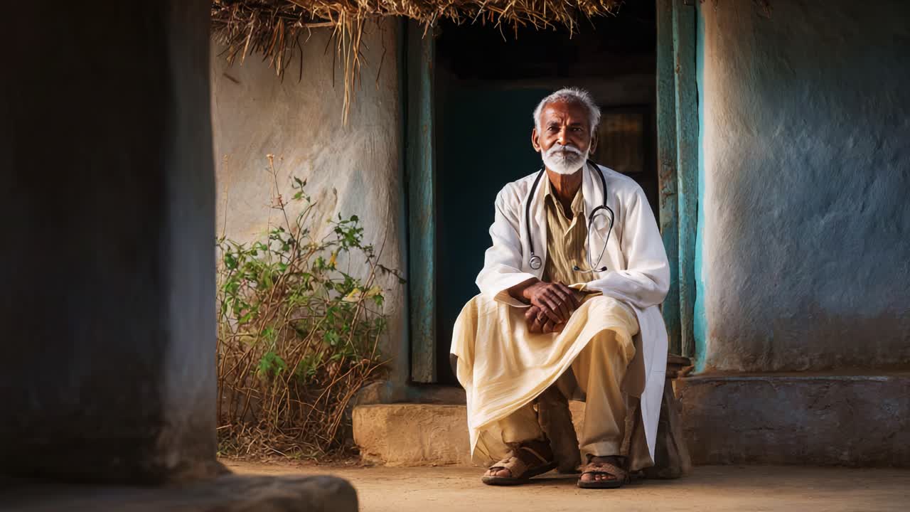 A contemplative elderly physician, adorned in a white coat, sitting in a rustic outdoor setting, reflects on his life and experiences in the context of healthcare and community service