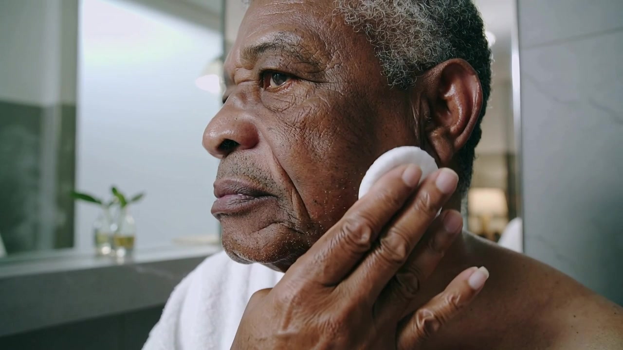 Seeing mirror reflection, pressing round white pad, senior man cleansing cheek at home with towel