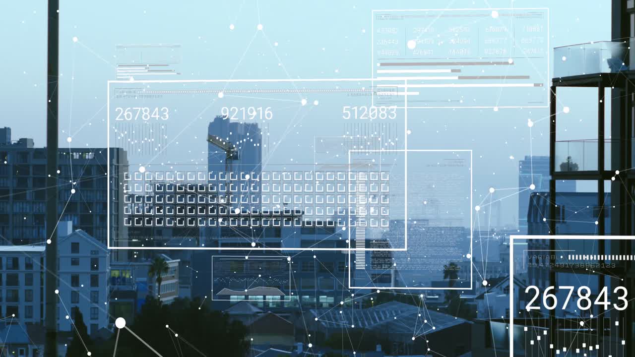 Animation of data processing over cityscape