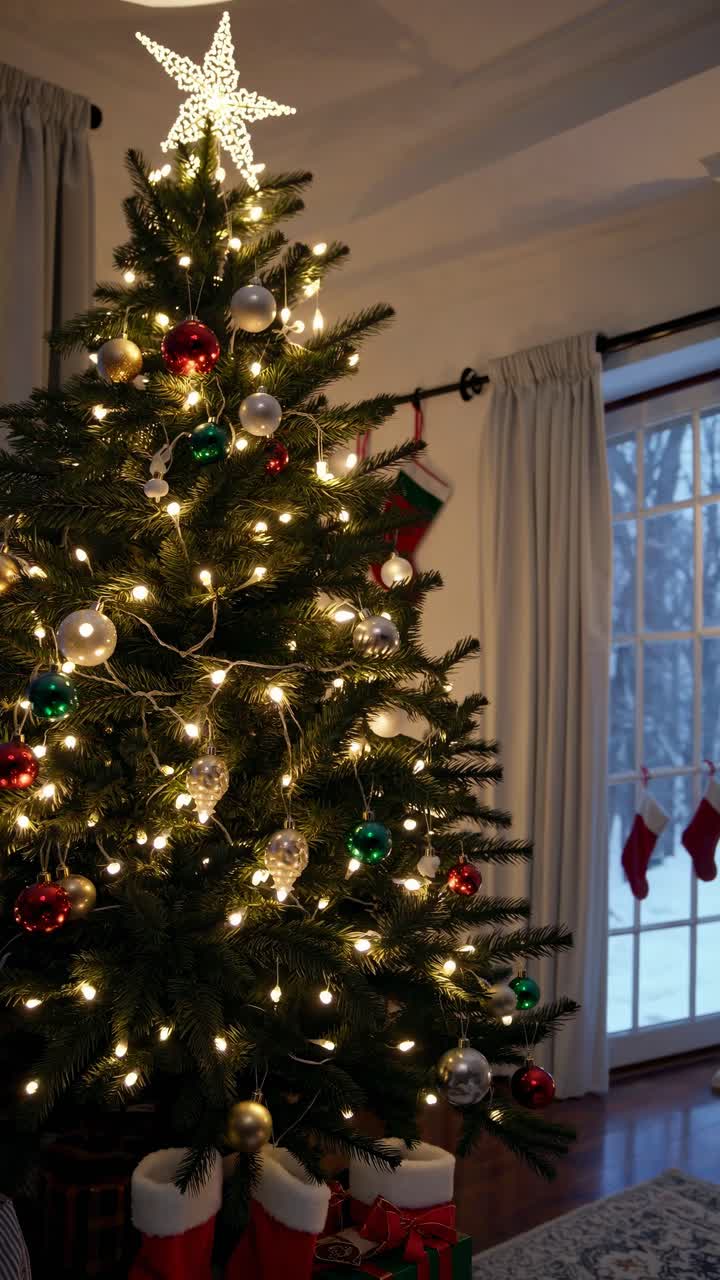 Festive Christmas tree adorned with lights and ornaments, captured from a low angle