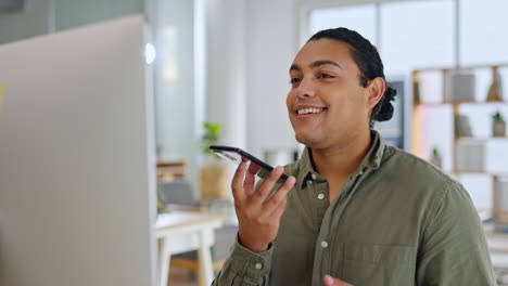 microphone, smartphone or man in office using