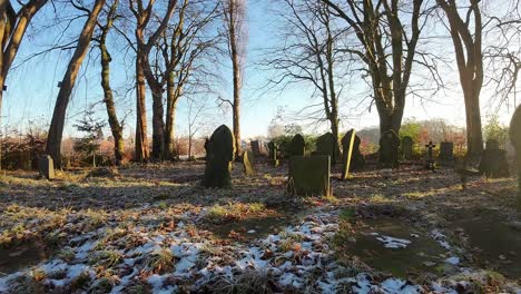 fpv low angle flying around sunlit frosty winter gravestones and bare trees with sunrise flares