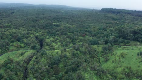 Amplia-Toma-Aérea-De-Seguimiento-Junto-A-Los-Automóviles-Que-Conducen-Por-La-Carretera-Panorámica-A-Hana-A-Través-De-La-Selva-Costera-En-La-Isla-De-Maui-En-Hawai&#39;i.